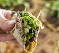 Smash dumpling tacos