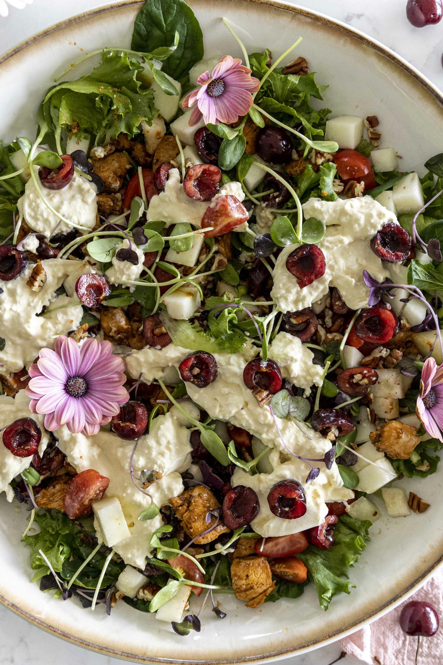 burrrata og kirsuberja kjúklingasalat