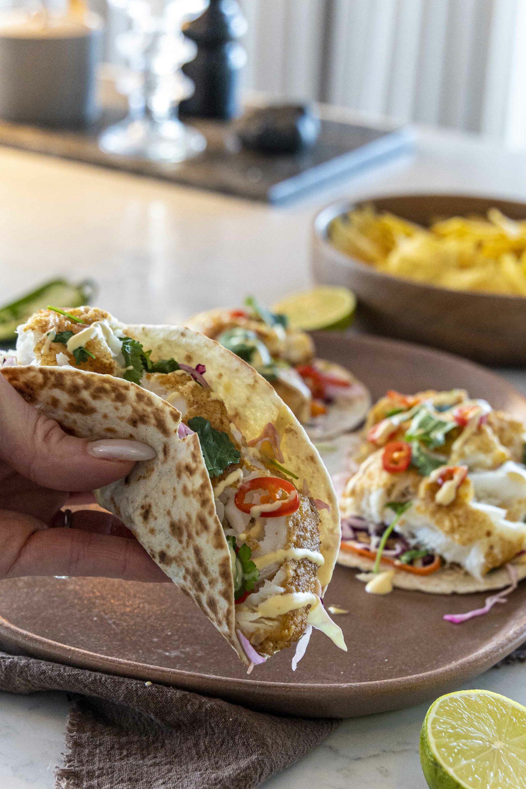 Fiski taco með fersku hrásalti og mangó sýrðum rjóma