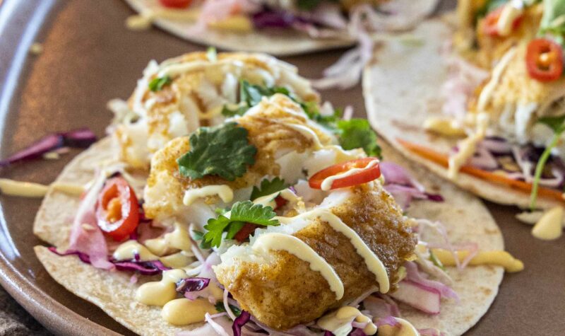 Fiski taco með fersku hrásalti og mangó sýrðum rjóma