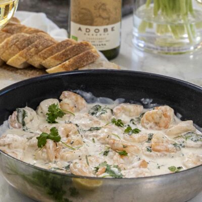 Risarækjur í hvítvínsrjómasósu