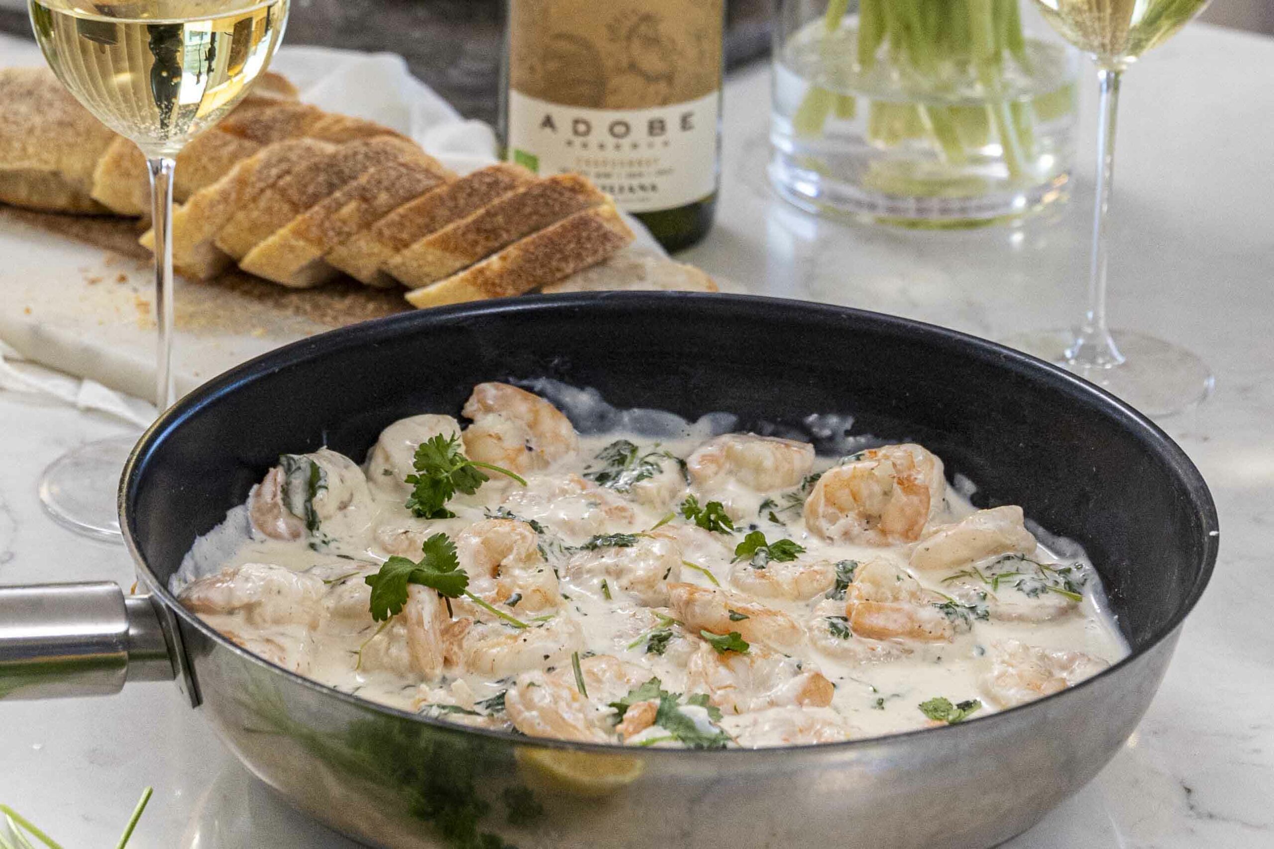 Risarækjur í hvítvínsrjómasósu 