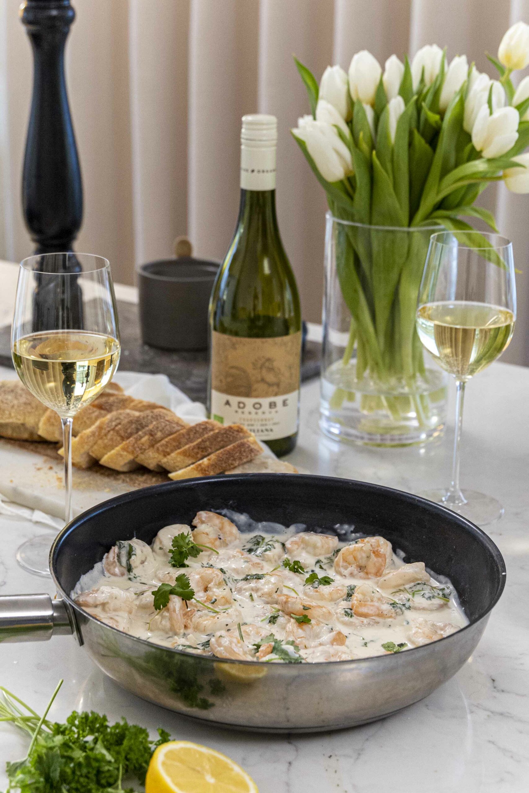 Risarækjur í hvítvínsrjómasósu 