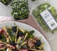 Ferskt salat með perum, brómberjum og litríkum sprettum