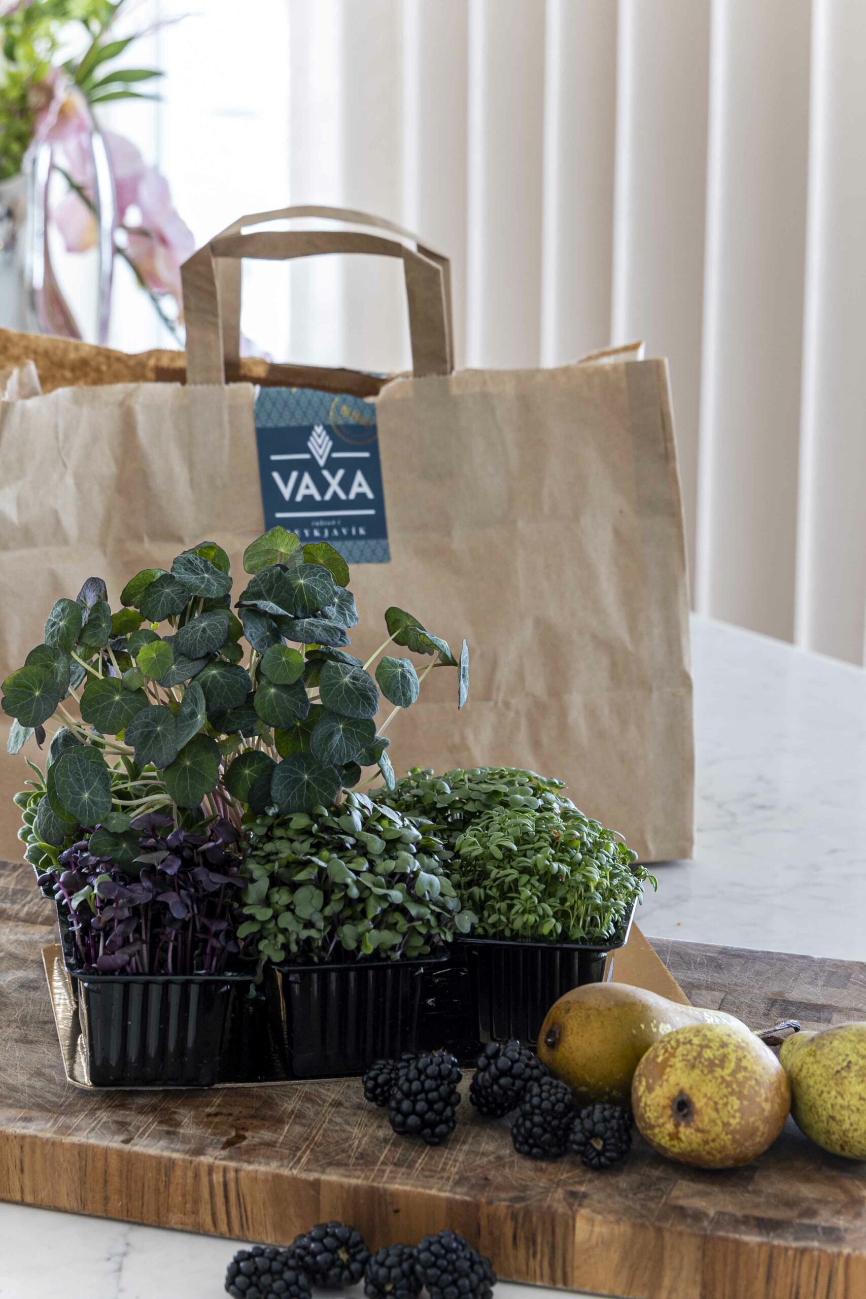 Ferskt salat með perum, brómberjum og litríkum sprettum