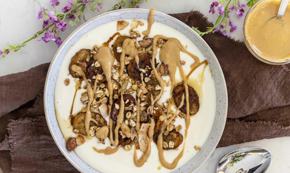 Ab mjólkur skál með smjörsteiktum bönunum